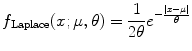 
$$\displaystyle{ f_{\mathrm{Laplace}}(x;\mu,\theta ) = \frac{1} {2\theta }e^{-\frac{\vert x-\mu \vert } {\theta } } }$$
