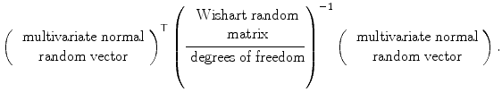 
$$\displaystyle{\left (\begin{array}{c} \mbox{ multivariate normal}\\ \mbox{ random vector} \end{array} \right )^{\top }\left (\frac{\begin{array}{c} \mbox{ Wishart random}\\ \mbox{ matrix} \end{array} } {\mbox{ degrees of freedom}} \right )^{-1}\left (\begin{array}{c} \mbox{ multivariate normal} \\ \mbox{ random vector} \end{array} \right ).}$$
