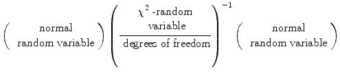 
$$\displaystyle{\left (\begin{array}{c} \mbox{ normal}\\ \mbox{ random variable} \end{array} \right )\left (\frac{\begin{array}{c} \chi ^{2}\mbox{ -random} \\ \mbox{ variable} \end{array} } {\mbox{ degrees of freedom}} \right )^{-1}\left (\begin{array}{c} \mbox{ normal} \\ \mbox{ random variable} \end{array} \right )}$$
