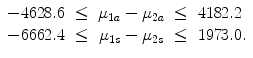 
$$\displaystyle{\begin{array}{lcccl} - 4628.6& \leq &\mu _{1a} -\mu _{2a}& \leq &4182.2 \\ - 6662.4& \leq &\mu _{1s} -\mu _{2s} & \leq &1973.0. \end{array} }$$
