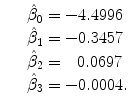 
$$\displaystyle\begin{array}{rcl} & & \hat{\beta }_{0} = -4.4996 {}\\ & & \hat{\beta }_{1} = -0.3457 {}\\ & & \hat{\beta }_{2} =\;\;\, 0.0697 {}\\ & & \hat{\beta }_{3} = -0.0004. {}\\ \end{array}$$
