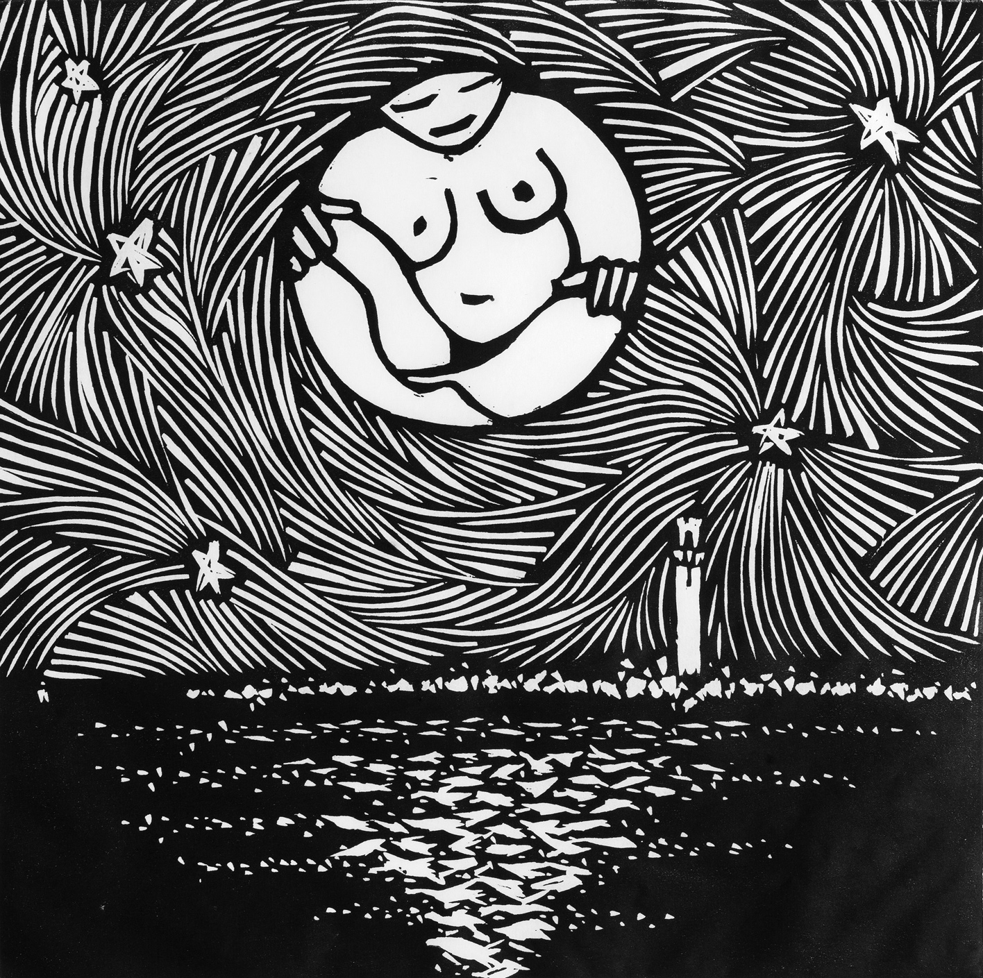 Woman in the Moon, woodcut by Tina Dickey