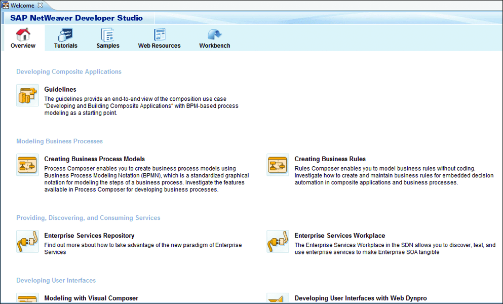 SAP NetWeaver Development Studio: Welcome Page