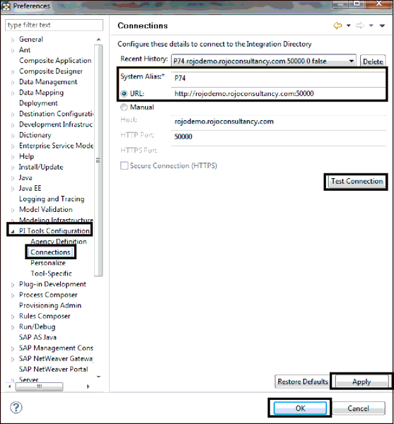 Settings for PI Tools Configuration with Connection to the SAP NetWeaver AS Java