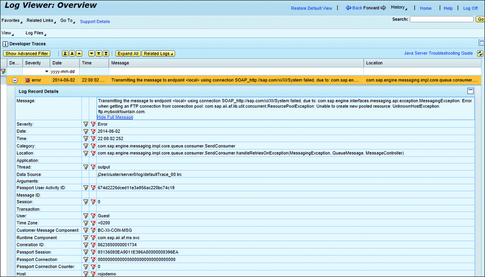 Troubleshooting: Log Viewer, Error Details Expanded