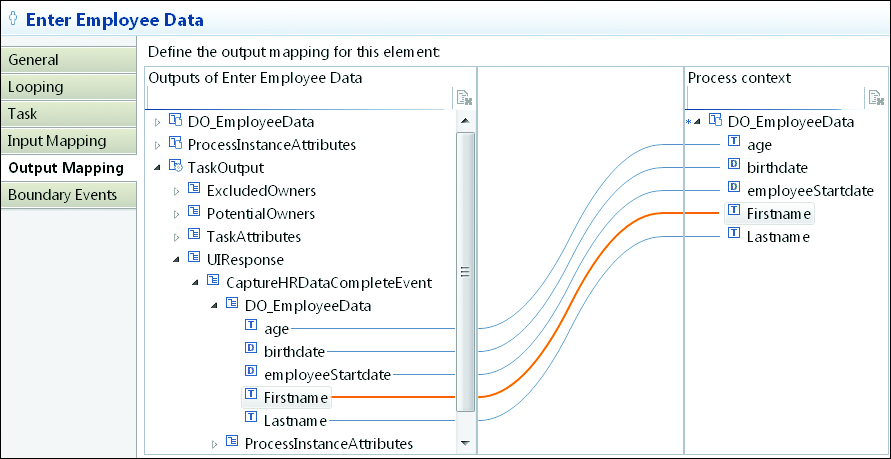 Sample Outbound Mapping of a Human Activity to Populate the Process Context with Data Filled by the Process Owner