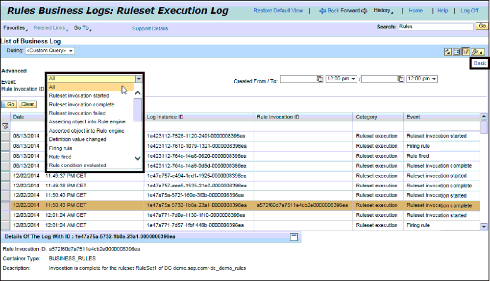 Business Rules Execution Logs Advanced Search in SAP NetWeaver Administrator