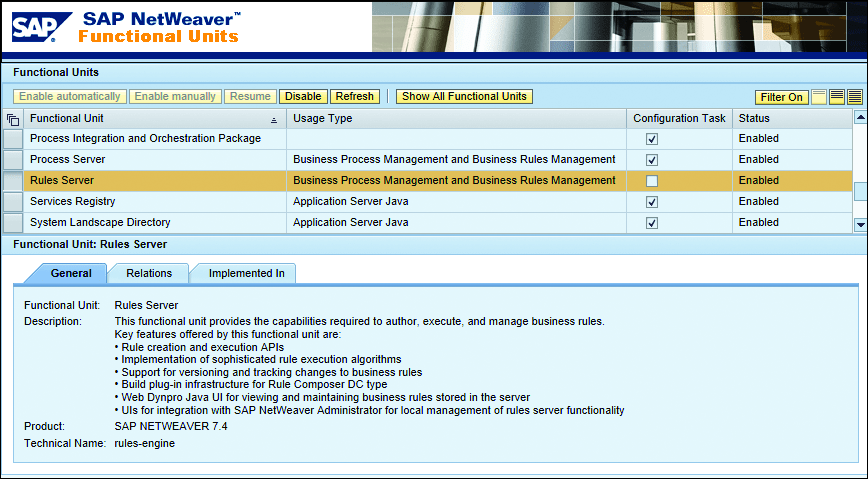 Rules Engine in the SAP NetWeaver Administrator Functional Units Screen