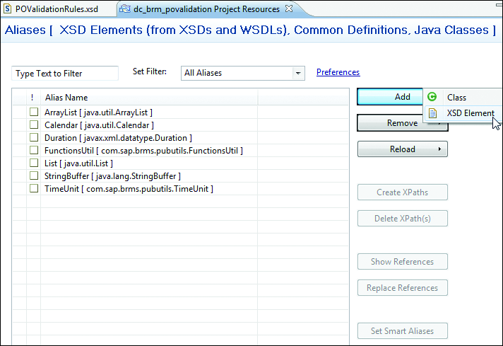 Aliases Wizard: Creating a New Alias from the XSD Element