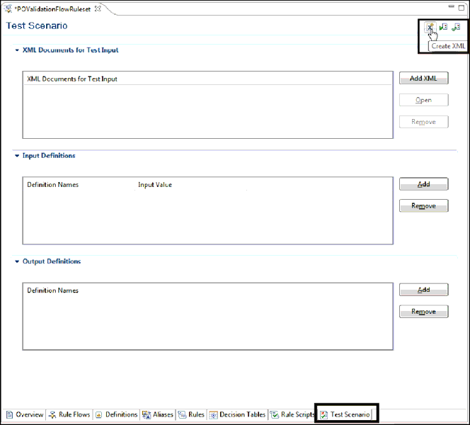 Test Scenario Tab: Create XML