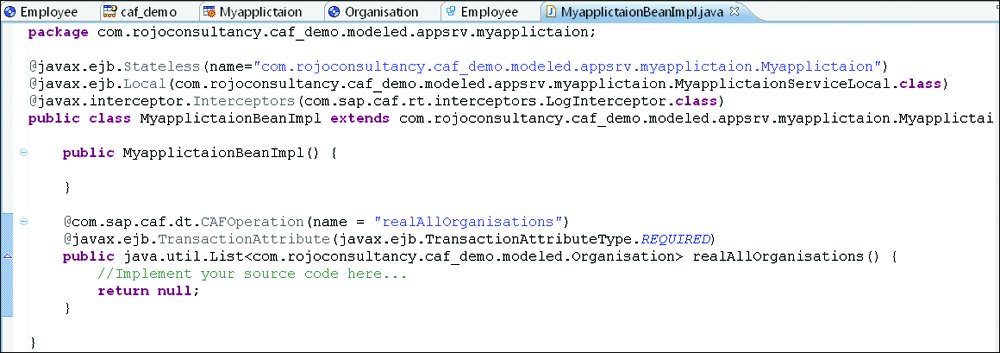 Example EJB with Implementation Open for Custom Logic