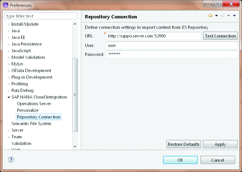 Configuring Details of the Repository Connection to Point to SAP PO’s ES Repository