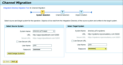 System Selection Screen of the Integration Directory Migration Tool