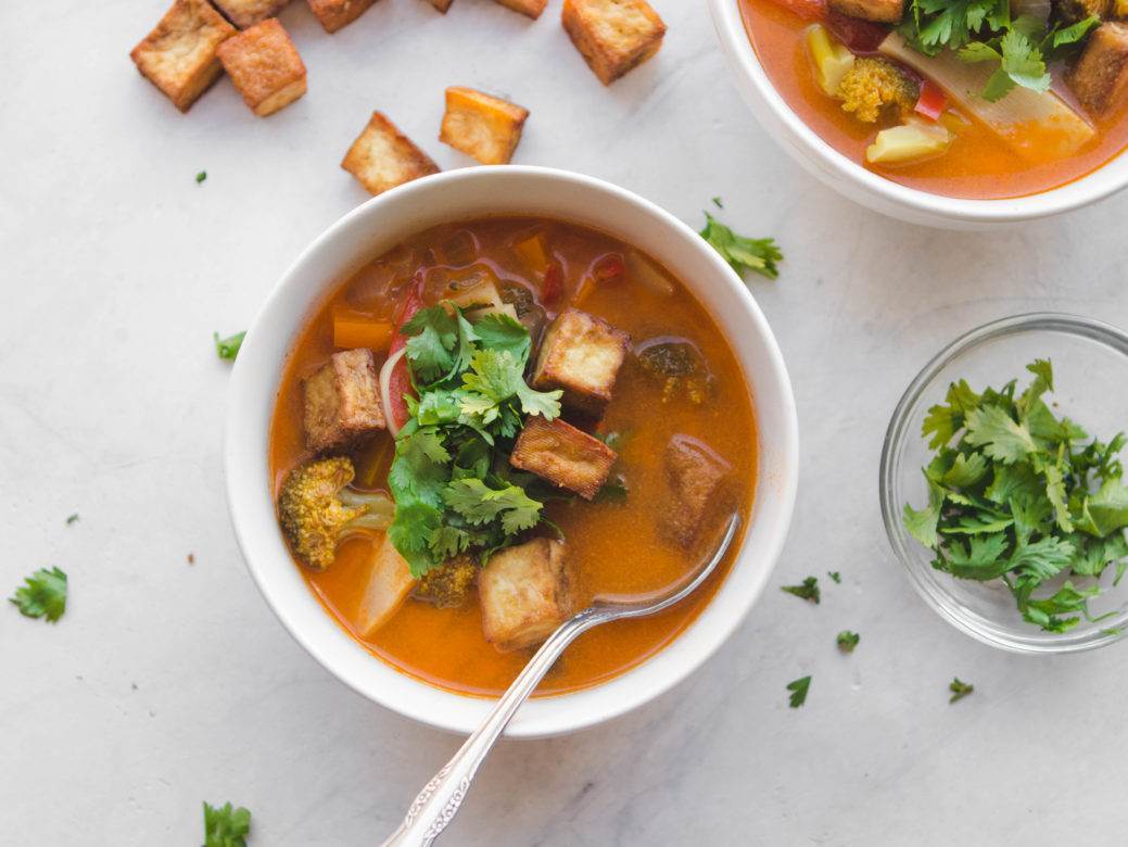 Thai Red Curry Vegetable Soup with Crispy Tofu