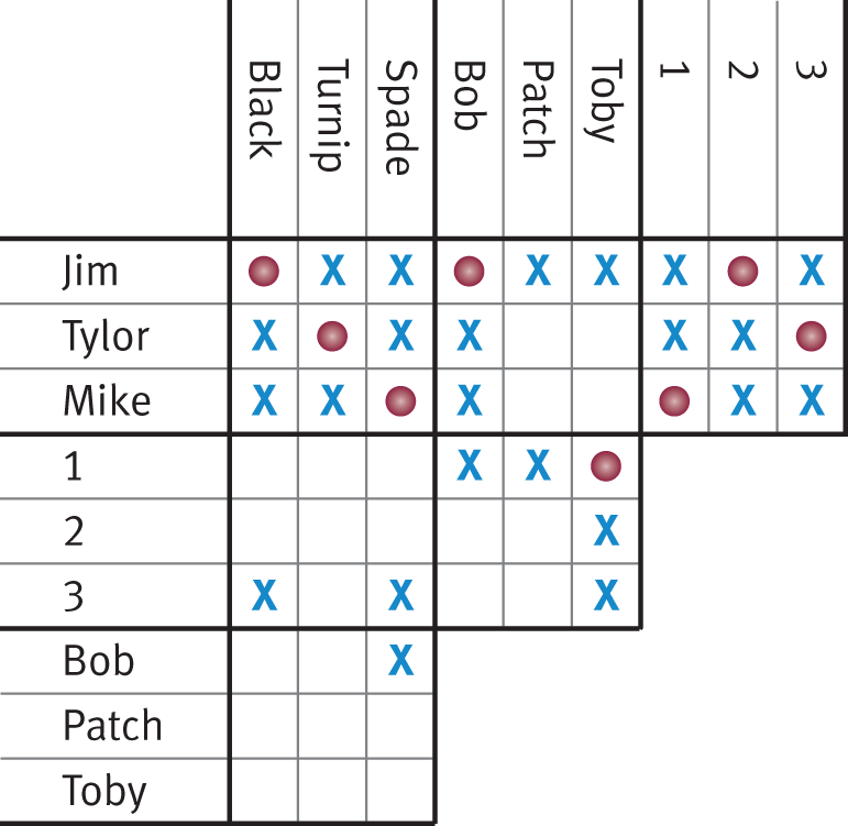 grid with Xs and Os indicating possible solutions to a logic puzzle