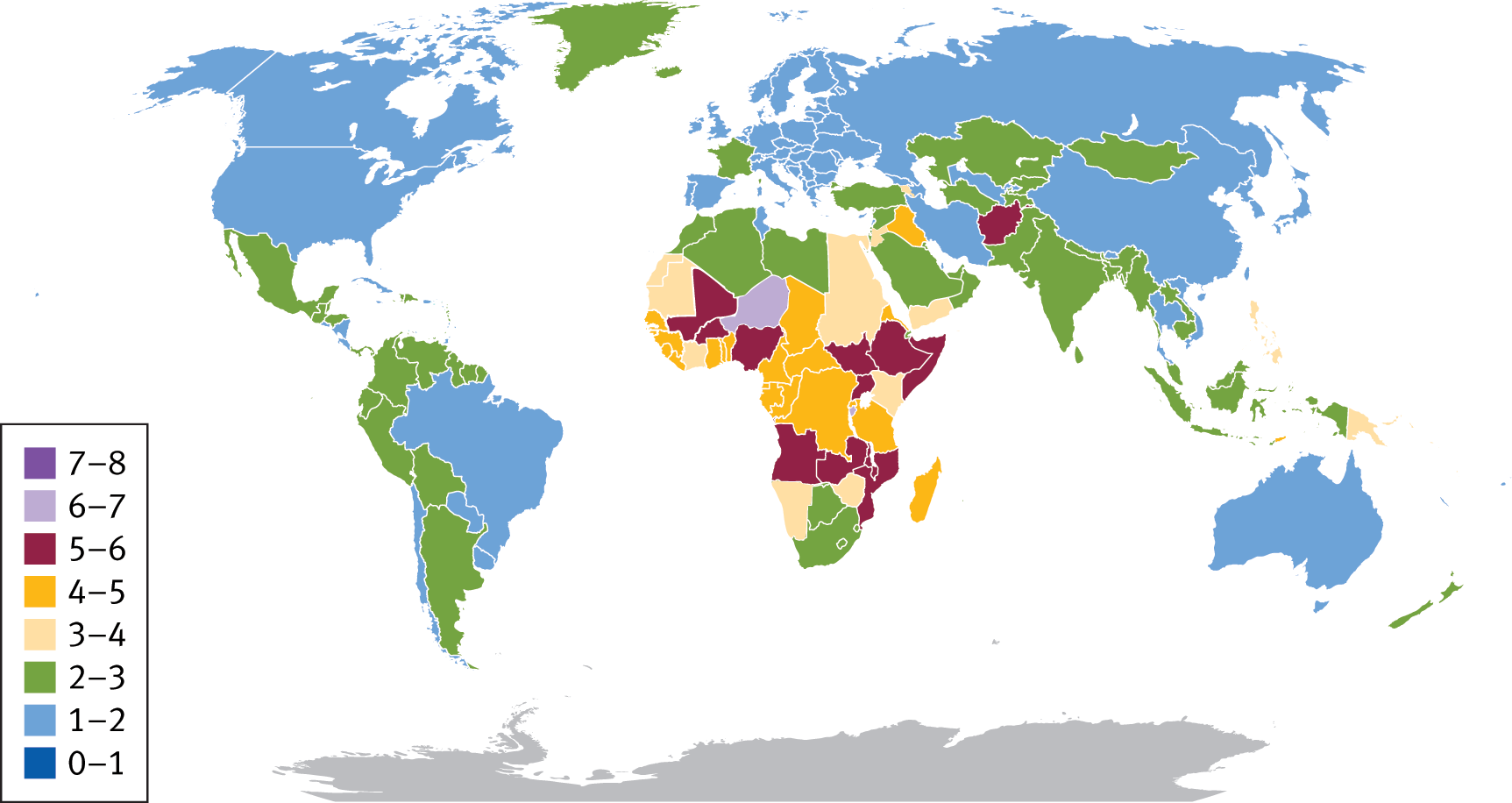 fertility rates lowest in US, Canada, Australia, East Asia, Russia, certain areas of both South America and Europe. fertility rates highest around coasts of Africa.