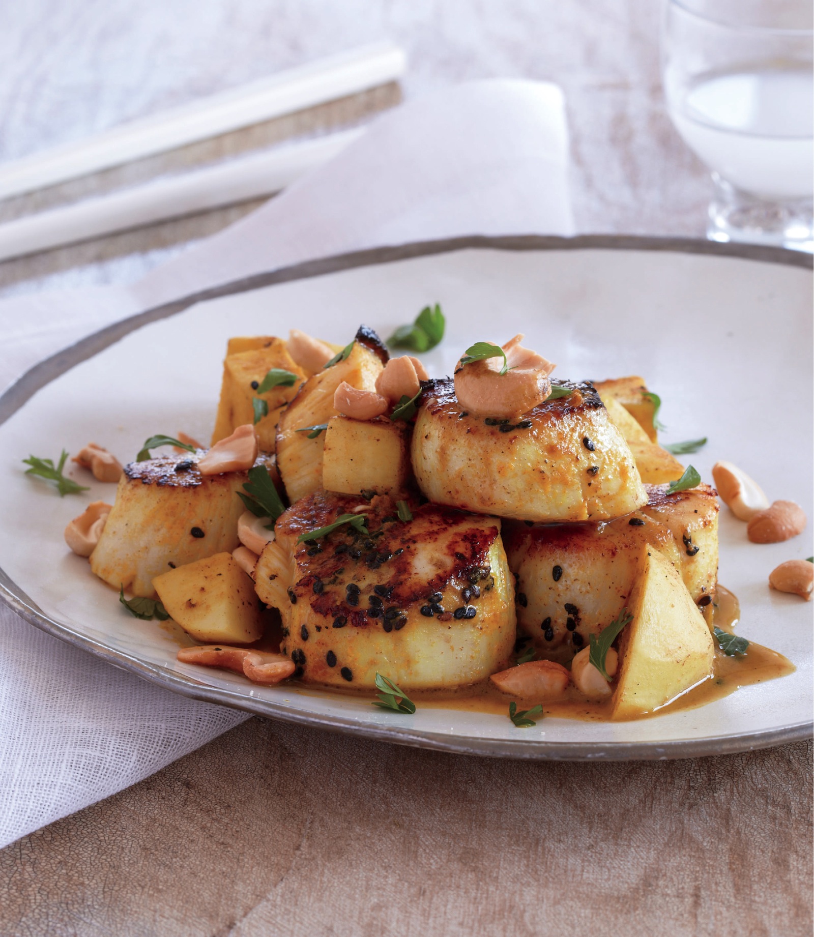 turmeric scallops with turnips and cashews