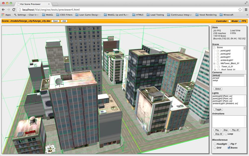 The previewer displaying bounding boxes for all objects in the scene