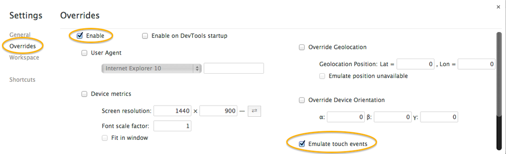 Enabling touch event emulation in desktop Chrome