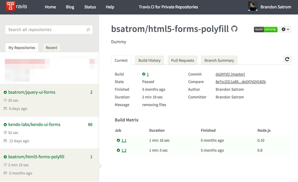 The Travis dashboard with test results for our polyfill