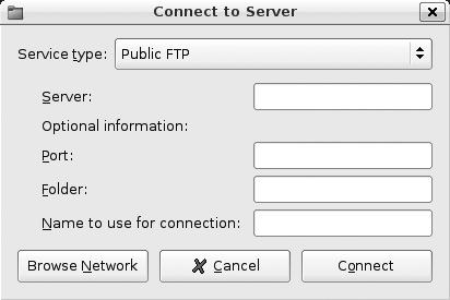 A sample "Connect to Server" dialog for FTP connections