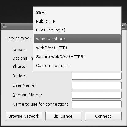 The submenu shows the different types of remote servers you can connect to