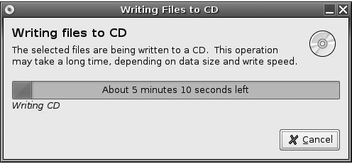 The Nautilus Writing Files to CD dialog