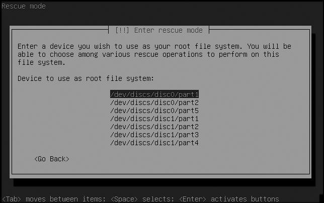 The rescue-disk root-device dialog