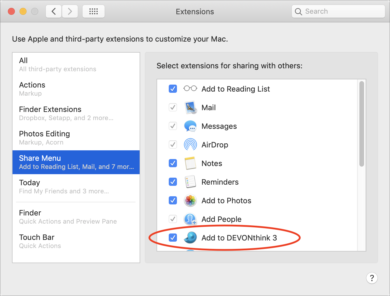 Figure 43: Select this checkbox to include the Add to DEVONthink 3 command on your Share menus.