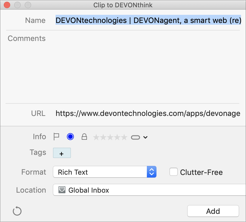 Figure 44: When you use the Clip to DEVONthink browser extension or bookmarklet, you can add a note, enter tags, and choose a format here.