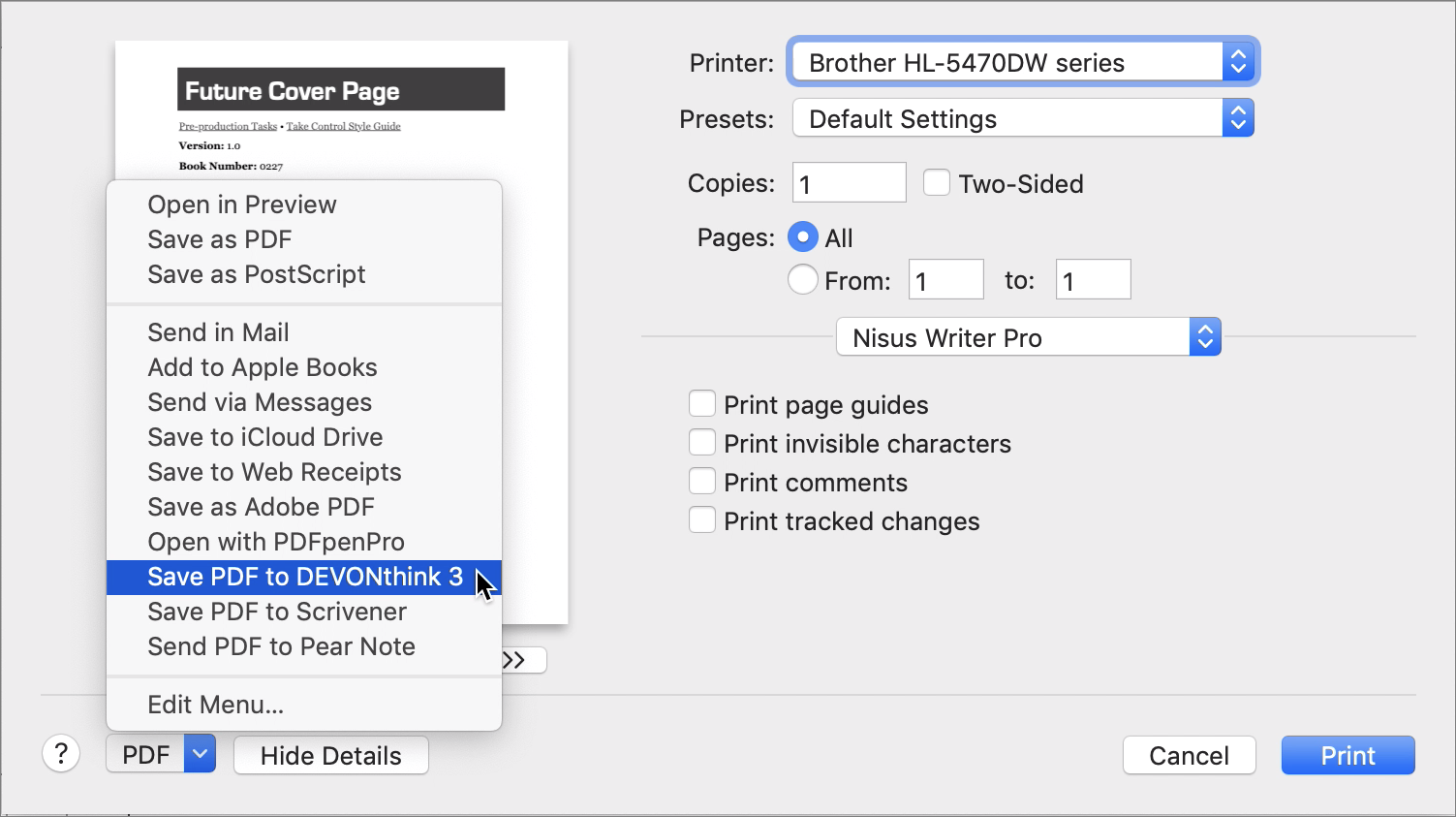 Figure 47: In any Print dialog, choose Save PDF to DEVONthink 3 from the PDF pop-up menu to add a PDF of the current document to DEVONthink.