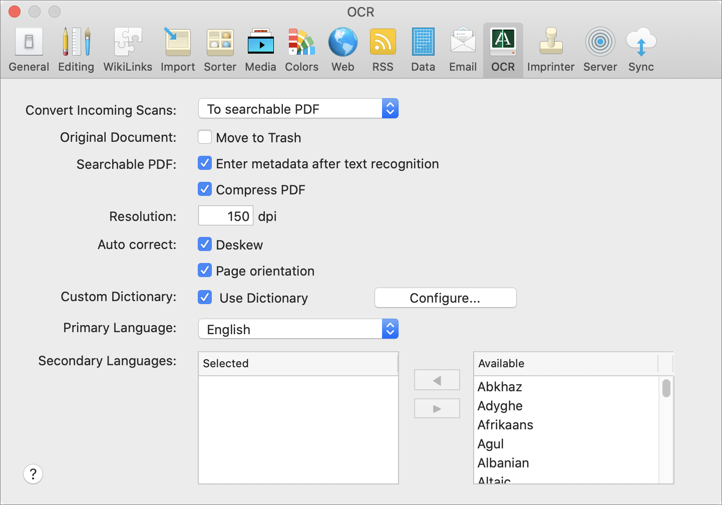 Figure 49: Set preferences for both automatic and manual OCR in this preference pane.