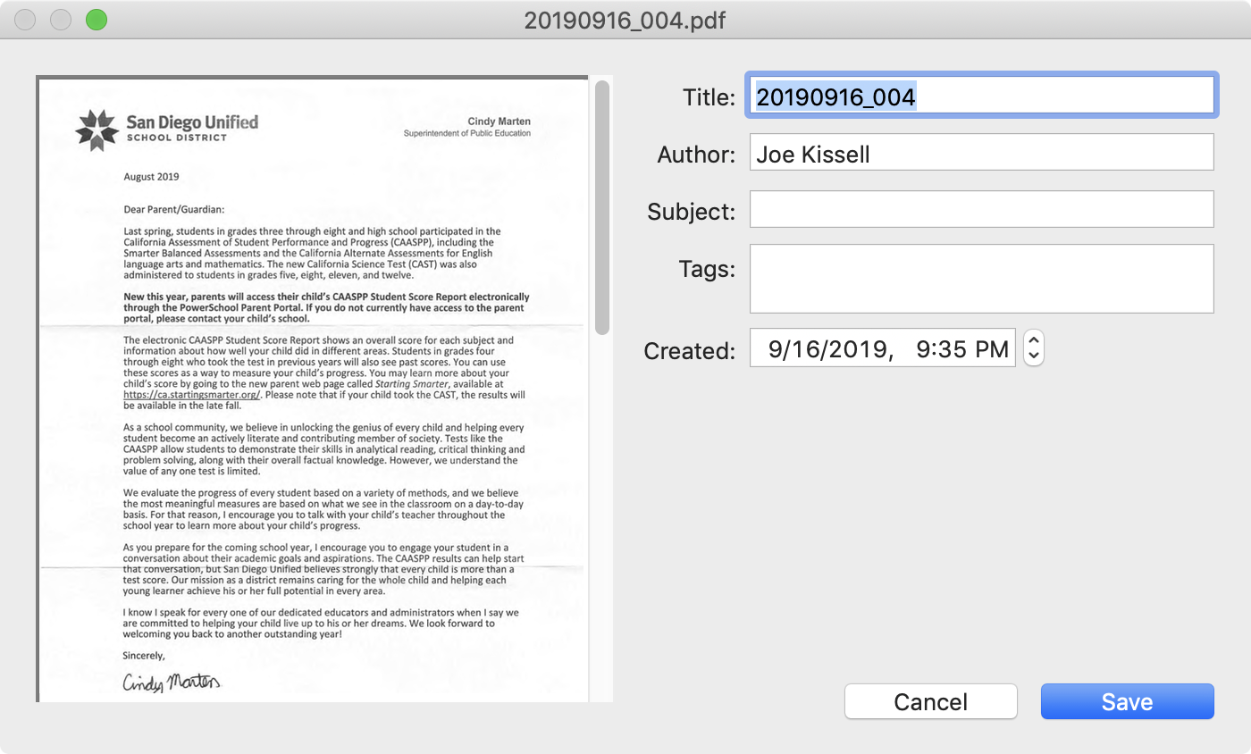 Figure 49: To name and tag scanned documents as the text is recognized, select “Enter metadata after text recognition” in the OCR preference pane, which results in this dialog appearing after each scan.