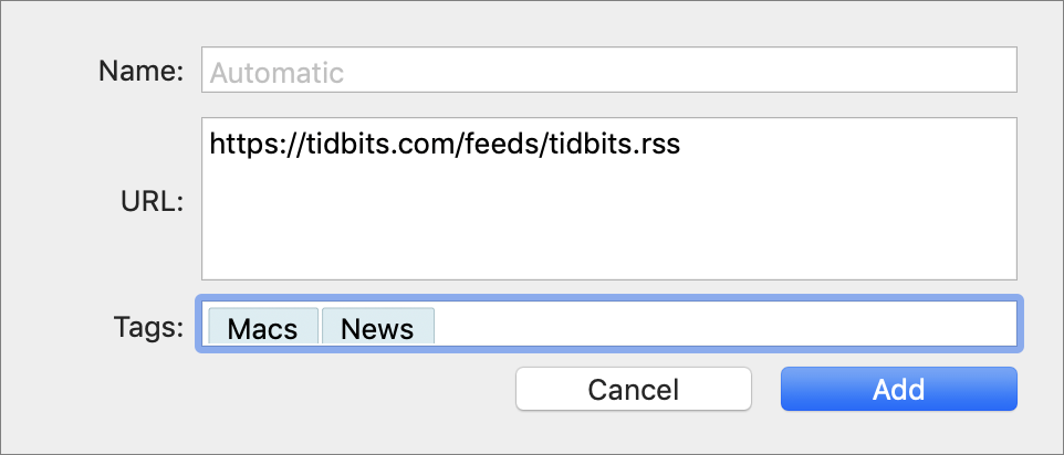 Figure 52: Enter a feed’s URL and any tags you want to apply to it in this dialog.