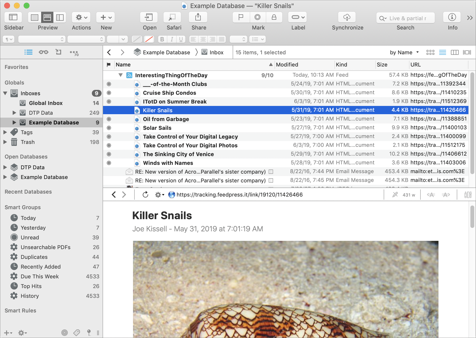 Figure 53: Feeds appear much like groups, and each article in a feed is a separate document.