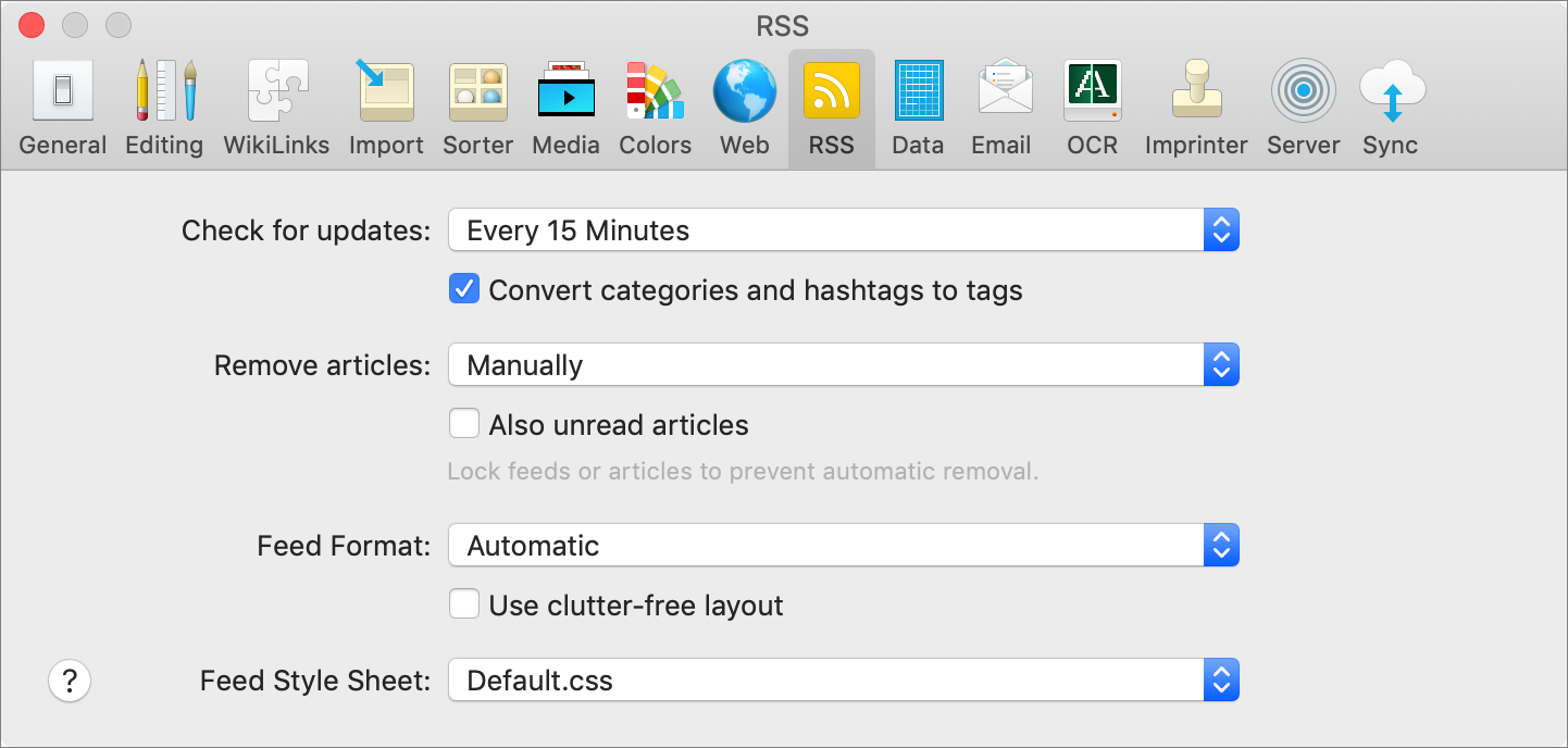 Figure 54: Set preferences here for handling RSS feeds.