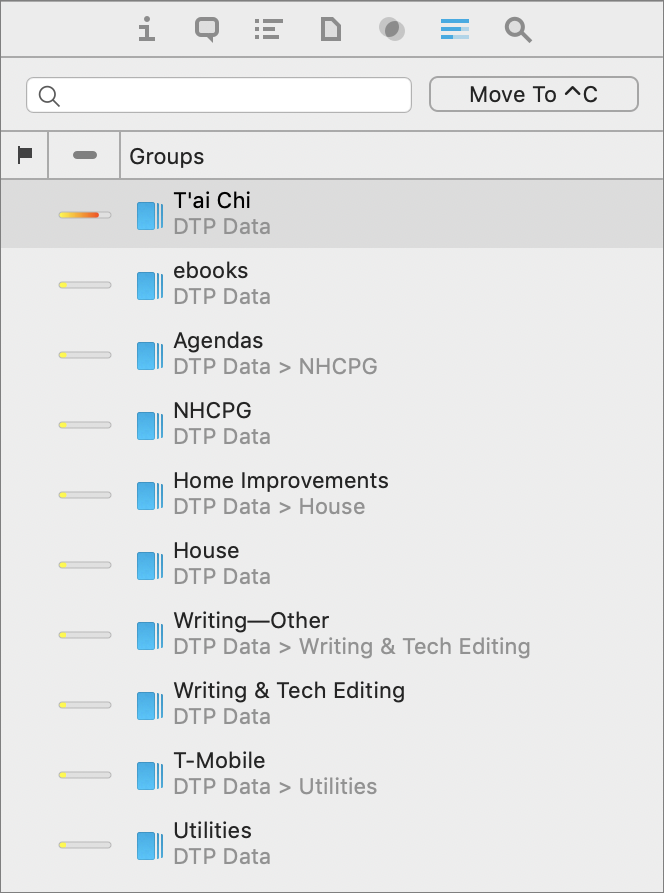 Figure 55: The Groups portion of the See Also & Classify inspector shows groups that may be a good home for the selected document.