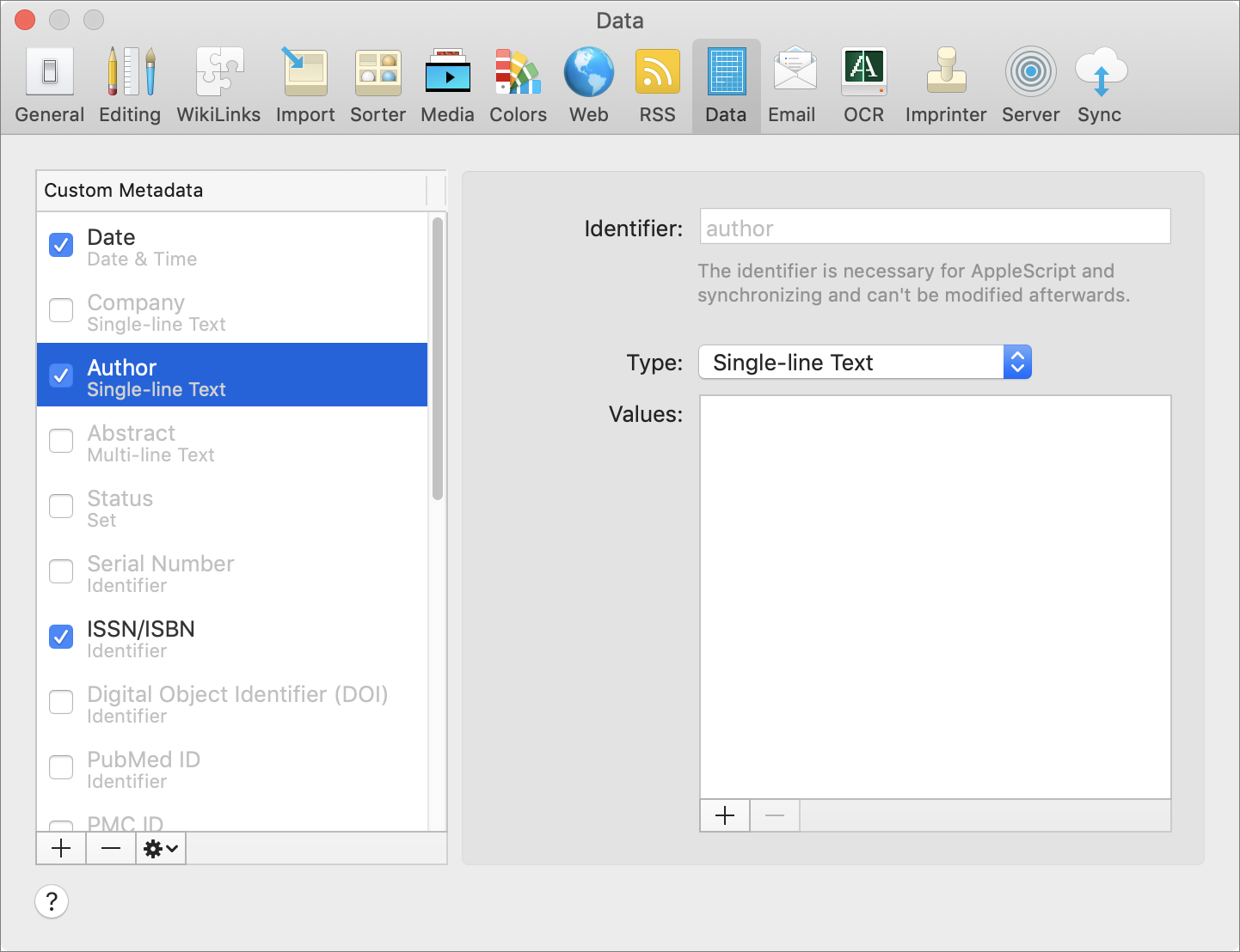 Figure 58: Configure custom metadata fields on the Data preference pane.