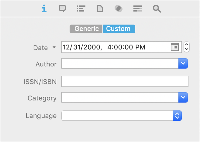 Figure 59: Apply custom metadata to documents on the Custom tab of the Info inspector.