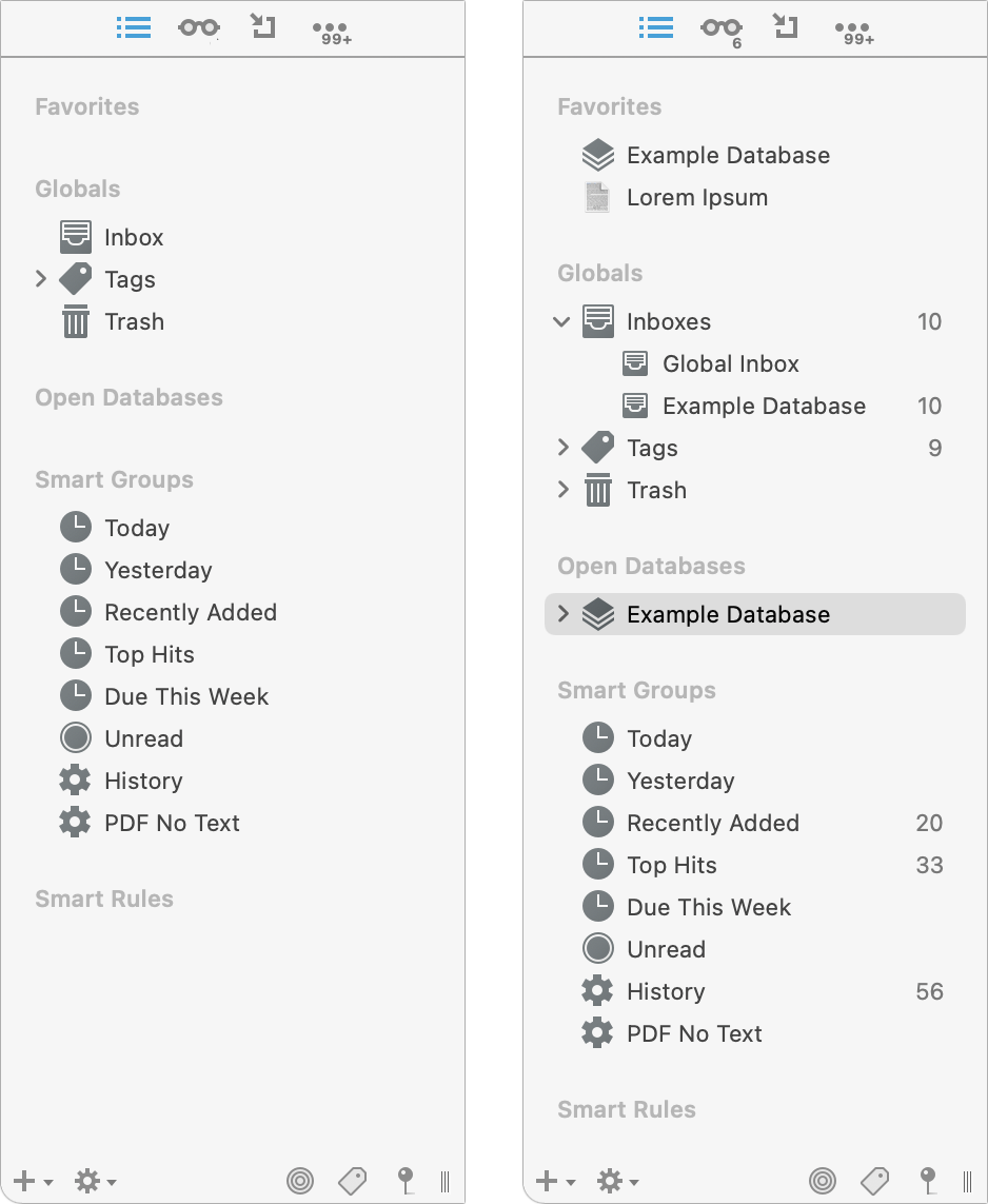 Figure 7: The sidebar displays your favorites, inbox, open databases, and other frequently accessed items. Left: as it starts out, mostly empty; right: populated with some example items.