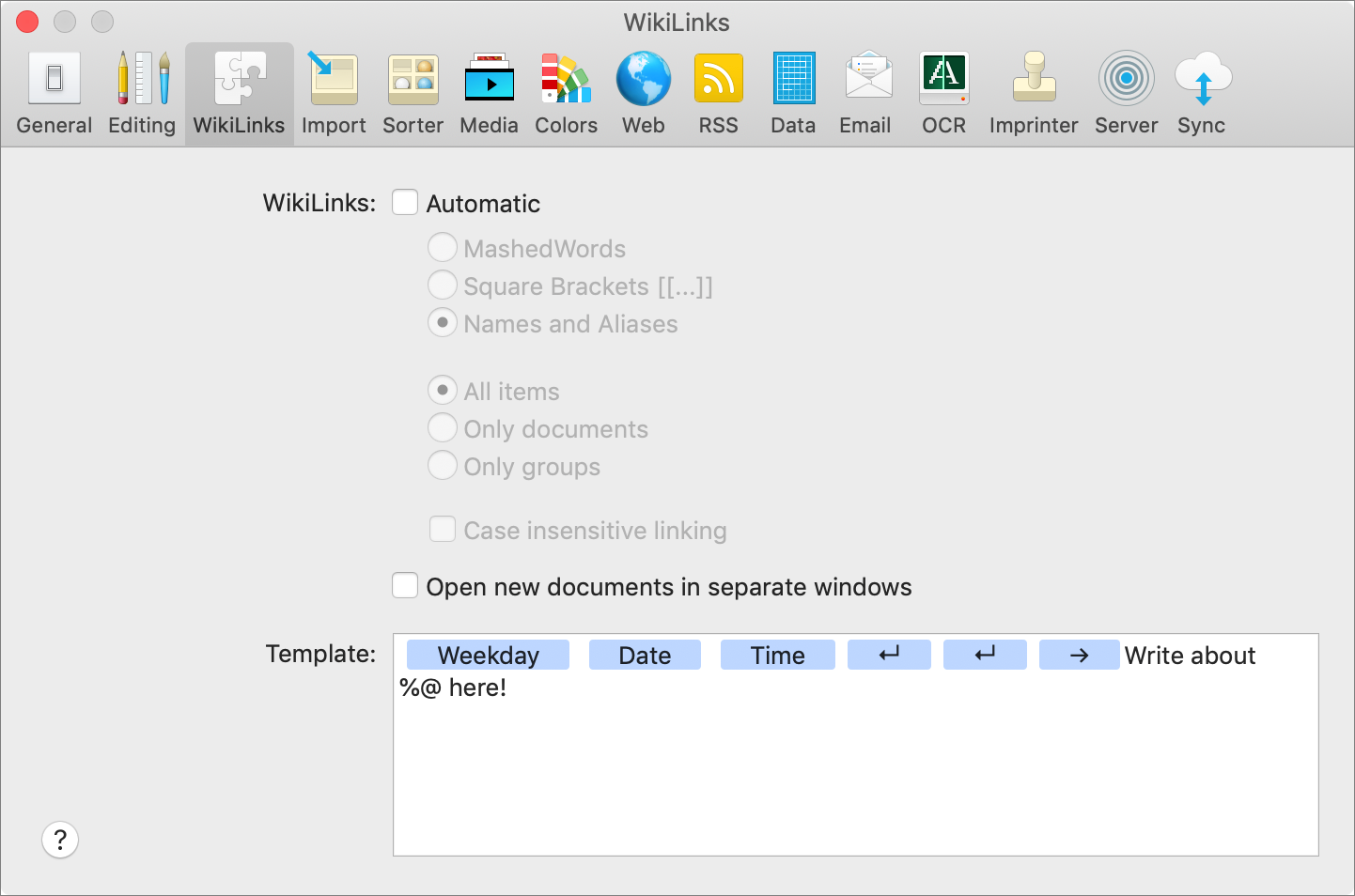 Figure 60: Adjust preferences for WikiLink behavior in the WikiLinks preference pane.