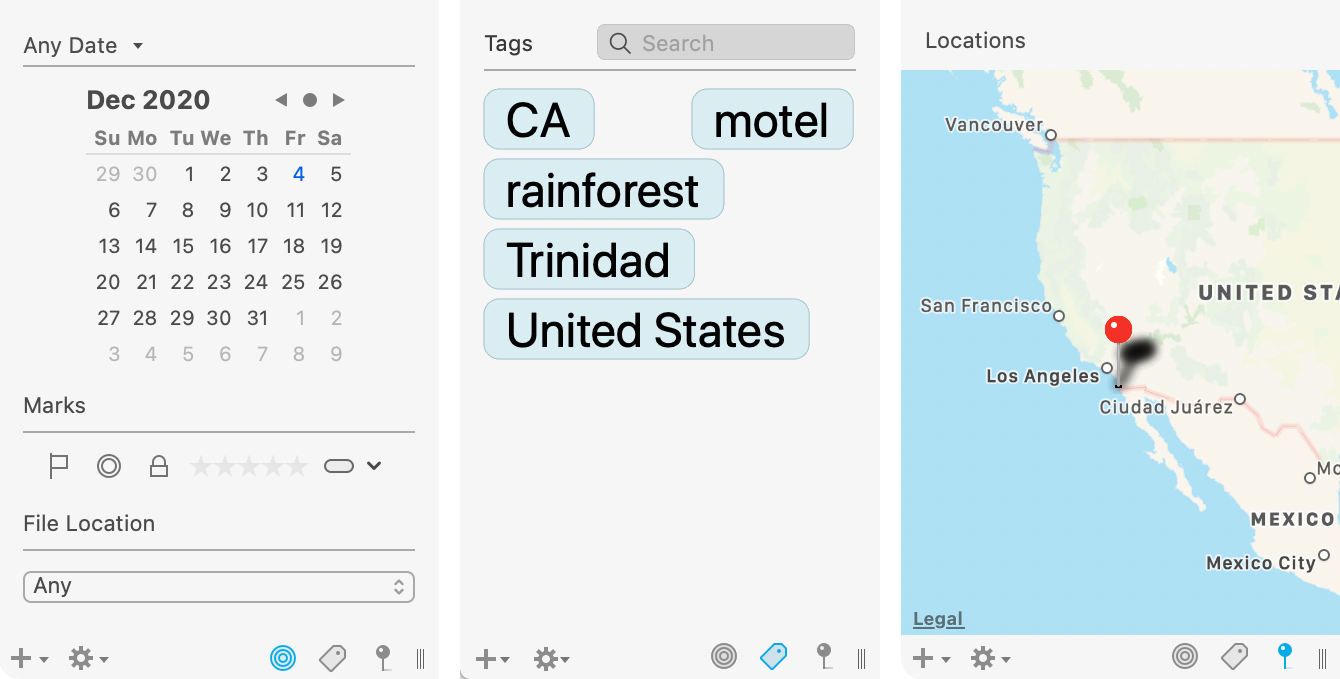 Figure 61: Filters, from left to right: info, tags, and location.