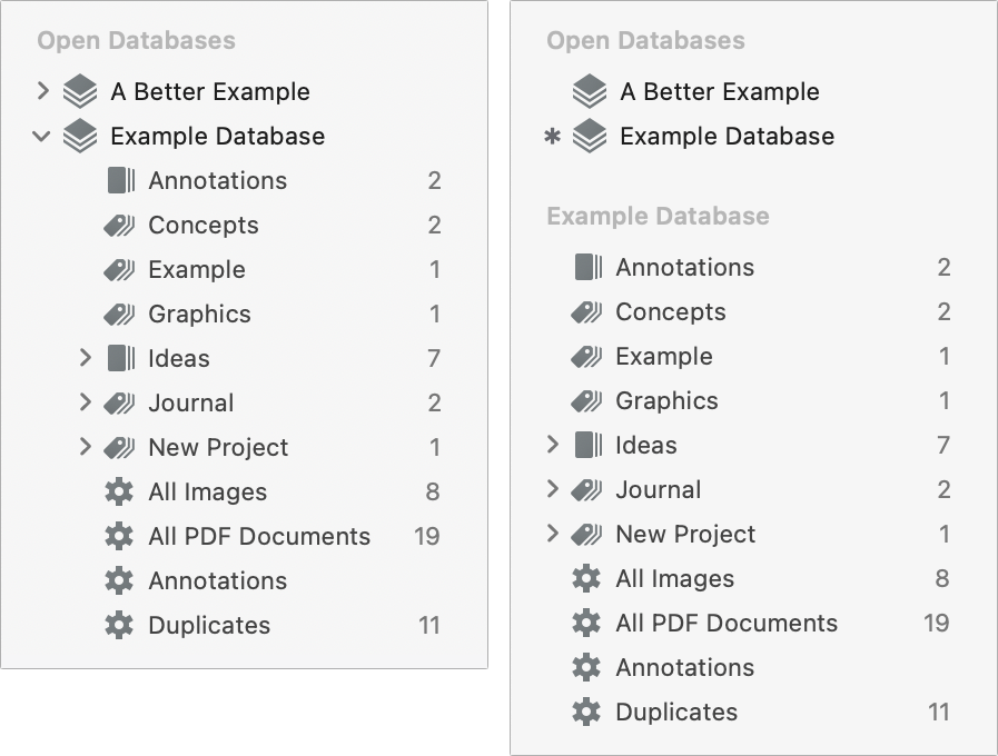 Figure 8: The effect of having “Unify databases” on (left) and off (right). In the latter, the selected database, expanded under its own heading, has an asterisk (*) next to its name under Open Databases.