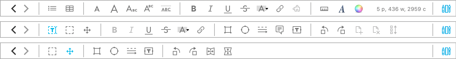 Figure 69: The editing bar as it appears for a rich text document (top), a PDF (middle), and an image (bottom).