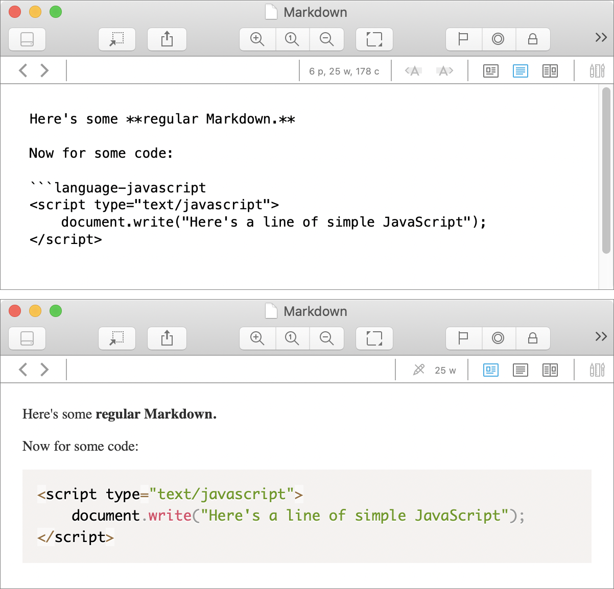 Figure 73: Plain Markdown with a bit of embedded code (top) can appear, in preview mode, with syntax coloring (bottom).