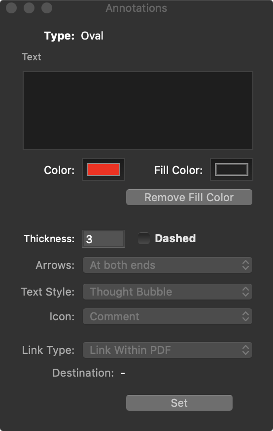 Figure 76: Adjust the characteristics of an annotation here. This is how the Annotations panel appears when you add an oval shape.