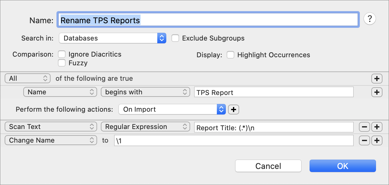 Figure 79: This smart rule looks for a text pattern within certain imported documents and uses it to rename those documents.