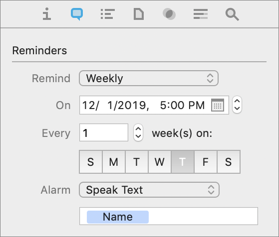 Figure 80: The Annotations & Reminders inspector as it appears with a weekly reminder set.