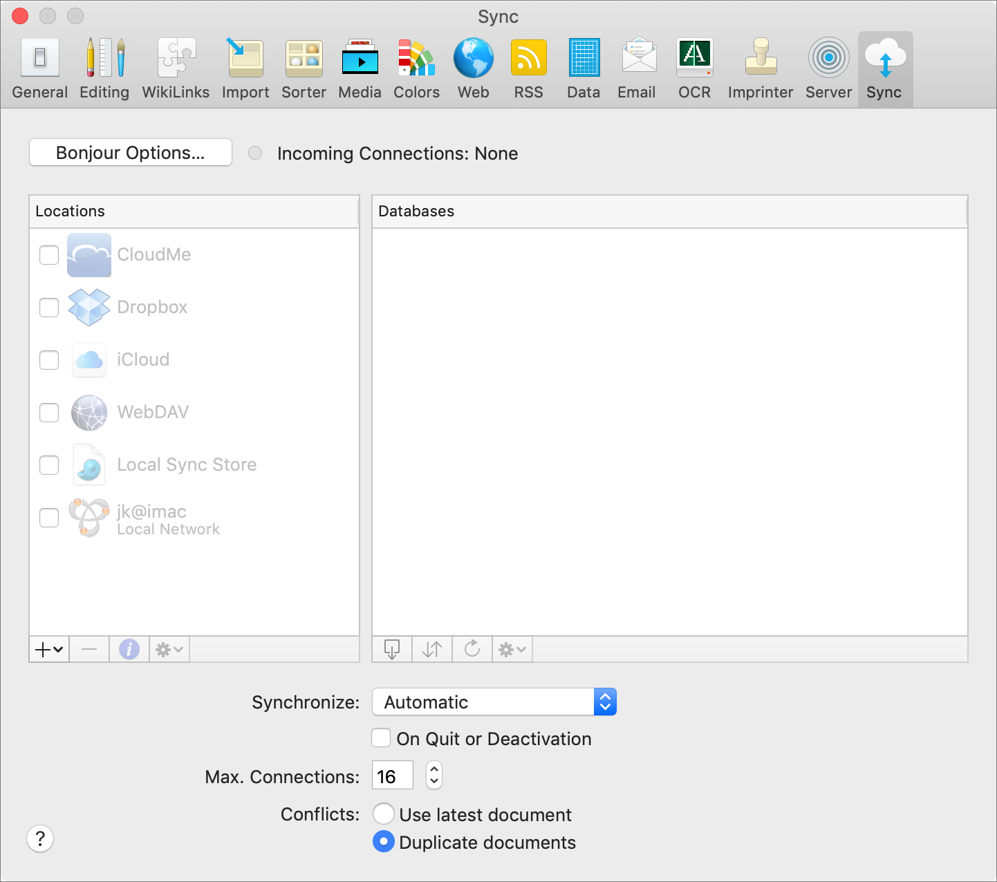 Figure 82: DEVONthink’s Sync preference pane looks like this before you configure syncing.