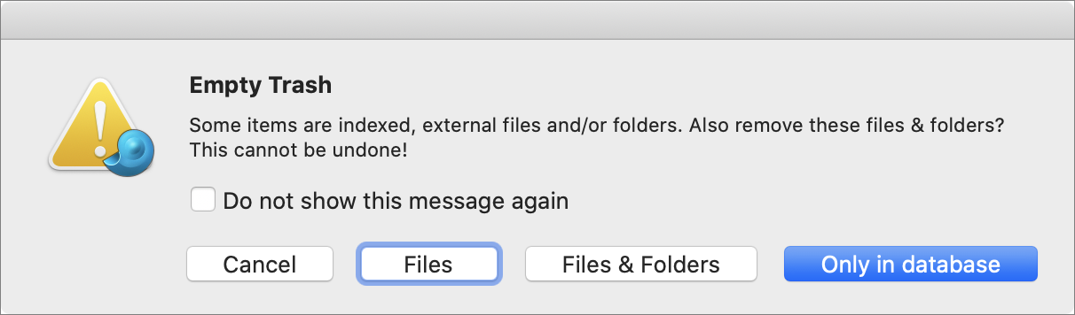 Figure 1: Use this dialog to determine what happens when you delete an indexed item and empty the Trash.